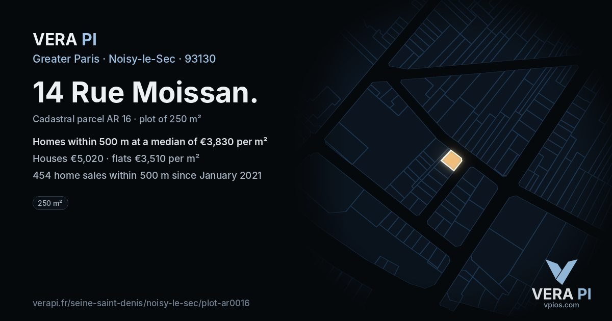 14 Rue Moissan, Noisy-le-Sec at night – the plot lit, the parcels around coloured by the prices near them