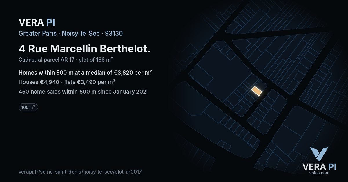 4 Rue Marcellin Berthelot, Noisy-le-Sec at night – the plot lit, the parcels around coloured by the prices near them