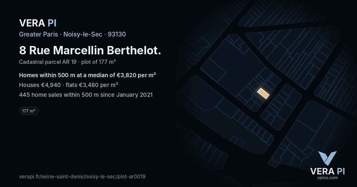 8 Rue Marcellin Berthelot, Noisy-le-Sec at night – the plot lit, the parcels around coloured by the prices near them