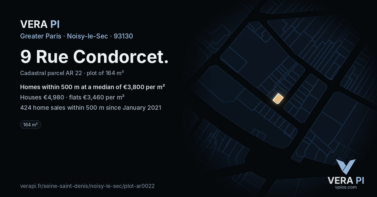 9 Rue Condorcet, Noisy-le-Sec at night – the plot lit, the parcels around coloured by the prices near them