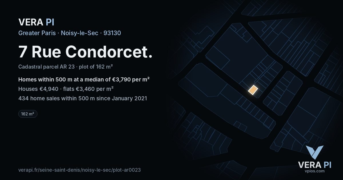 7 Rue Condorcet, Noisy-le-Sec at night – the plot lit, the parcels around coloured by the prices near them