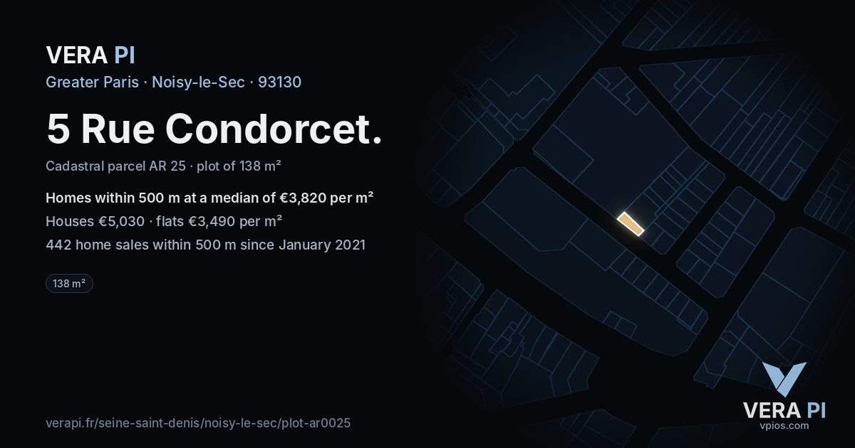 5 Rue Condorcet, Noisy-le-Sec at night – the plot lit, the parcels around coloured by the prices near them
