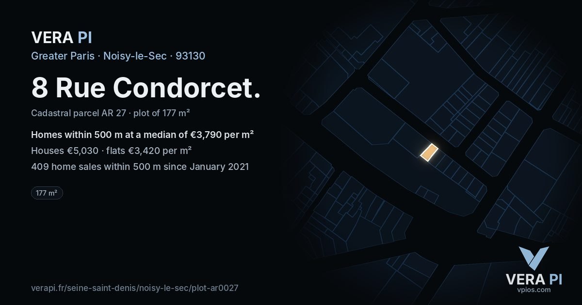 8 Rue Condorcet, Noisy-le-Sec at night – the plot lit, the parcels around coloured by the prices near them