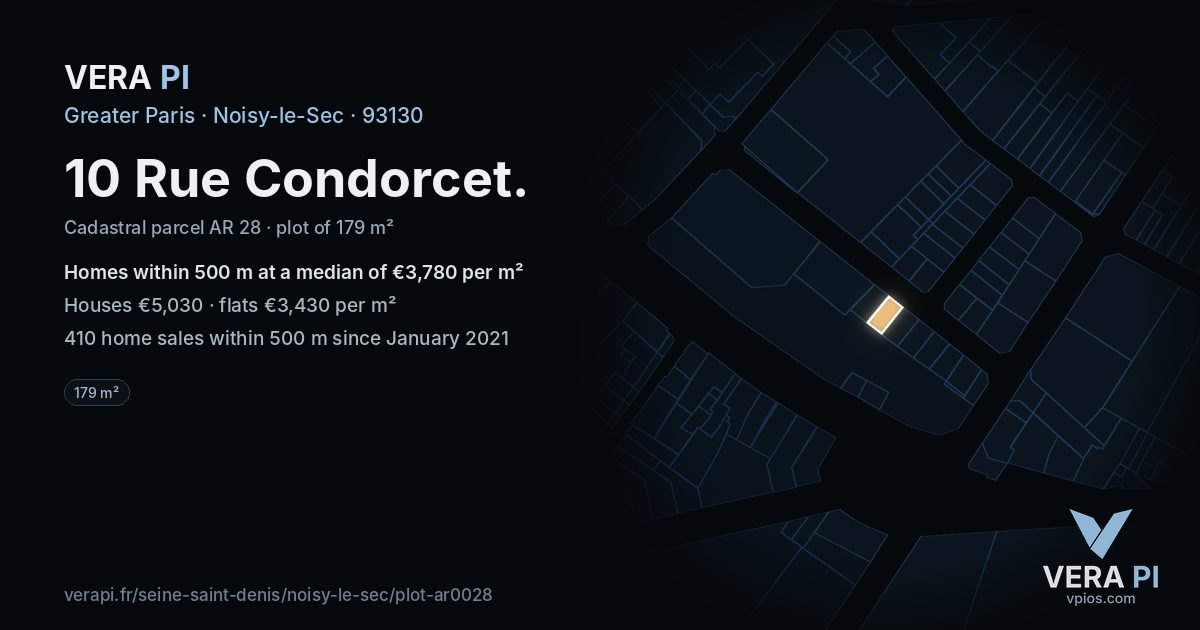 10 Rue Condorcet, Noisy-le-Sec at night – the plot lit, the parcels around coloured by the prices near them