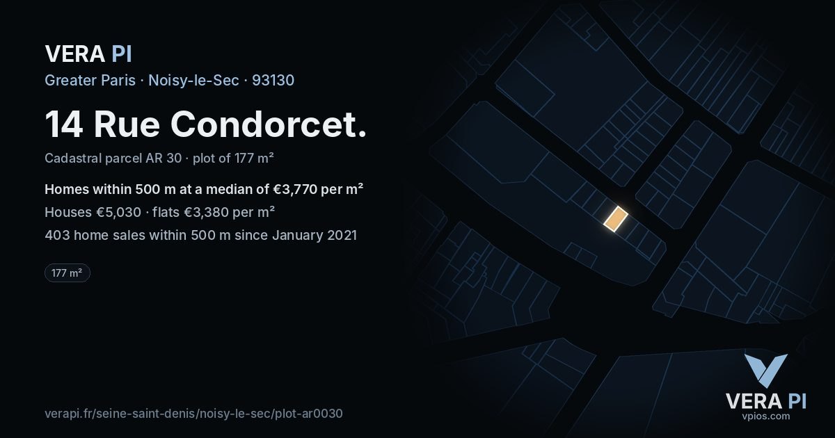 14 Rue Condorcet, Noisy-le-Sec at night – the plot lit, the parcels around coloured by the prices near them