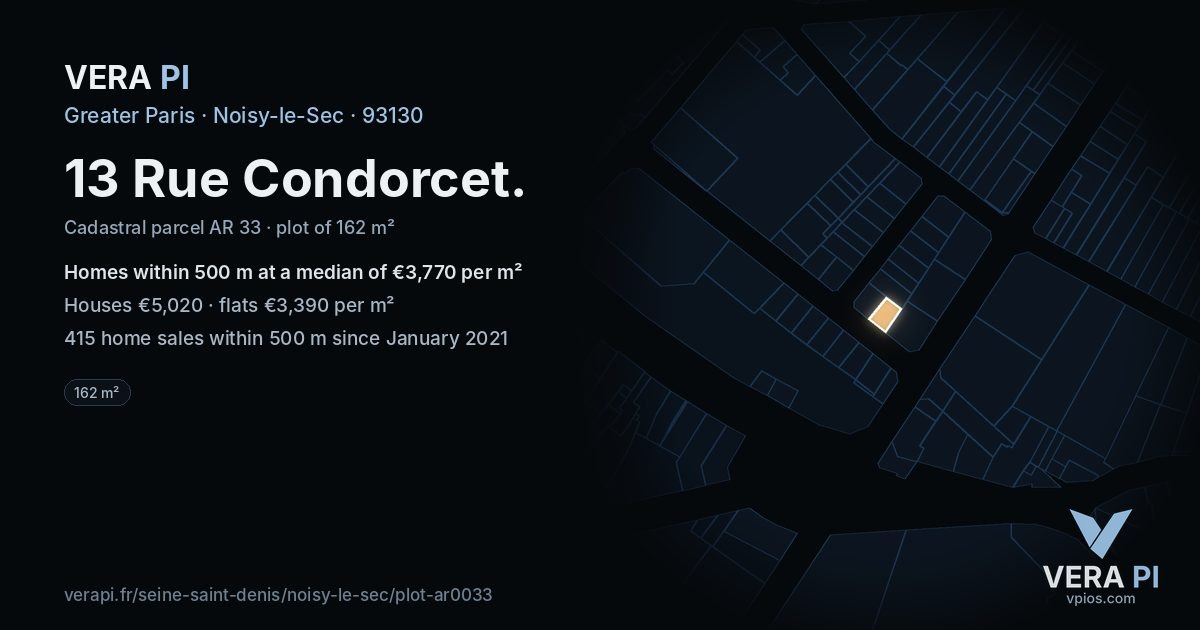 13 Rue Condorcet, Noisy-le-Sec at night – the plot lit, the parcels around coloured by the prices near them
