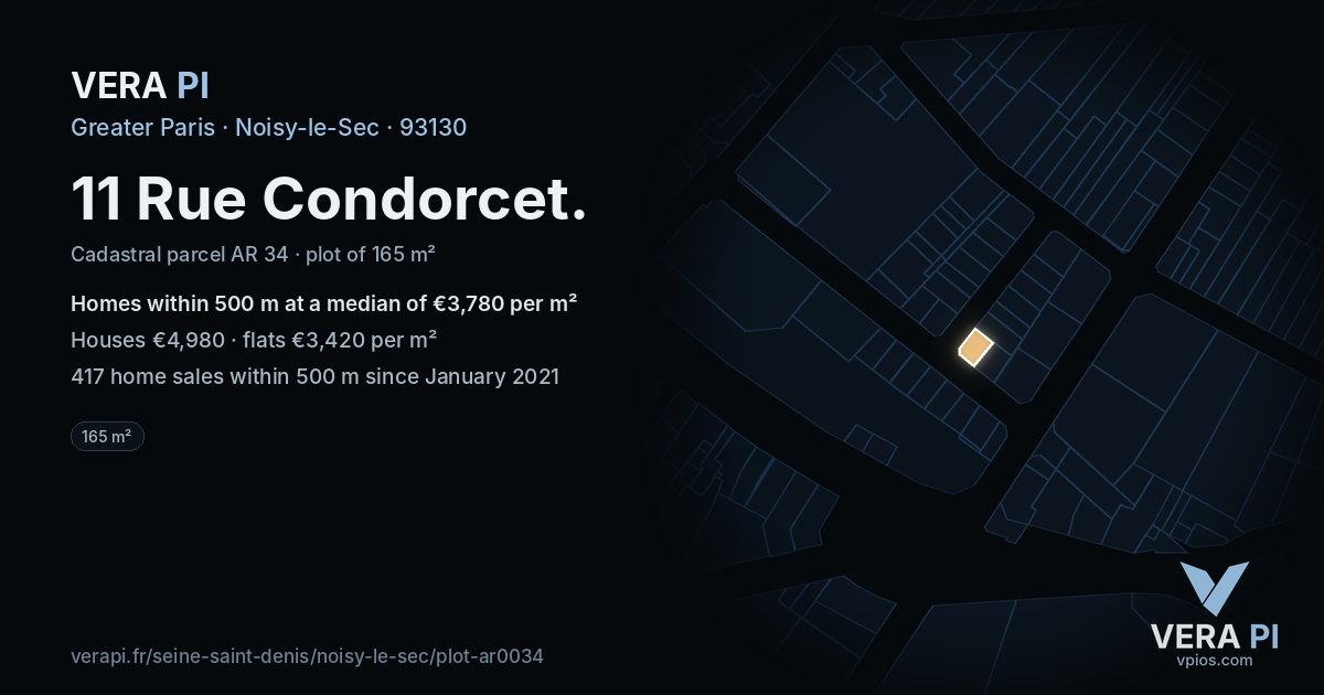11 Rue Condorcet, Noisy-le-Sec at night – the plot lit, the parcels around coloured by the prices near them