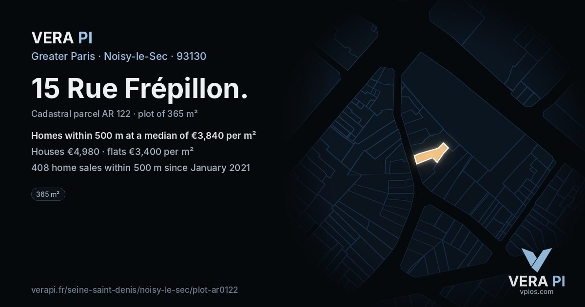 15 Rue Frépillon, Noisy-le-Sec at night – the plot lit, the parcels around coloured by the prices near them