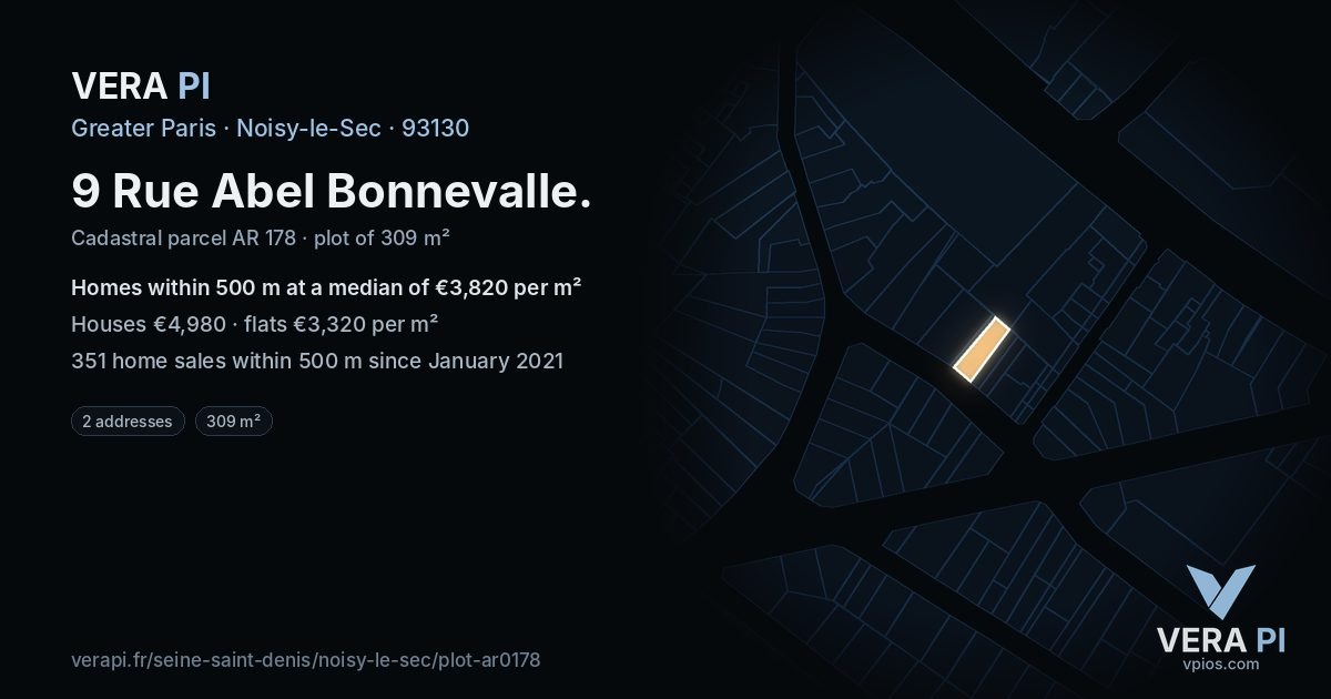 9 Rue Abel Bonnevalle, Noisy-le-Sec at night – the plot lit, the parcels around coloured by the prices near them