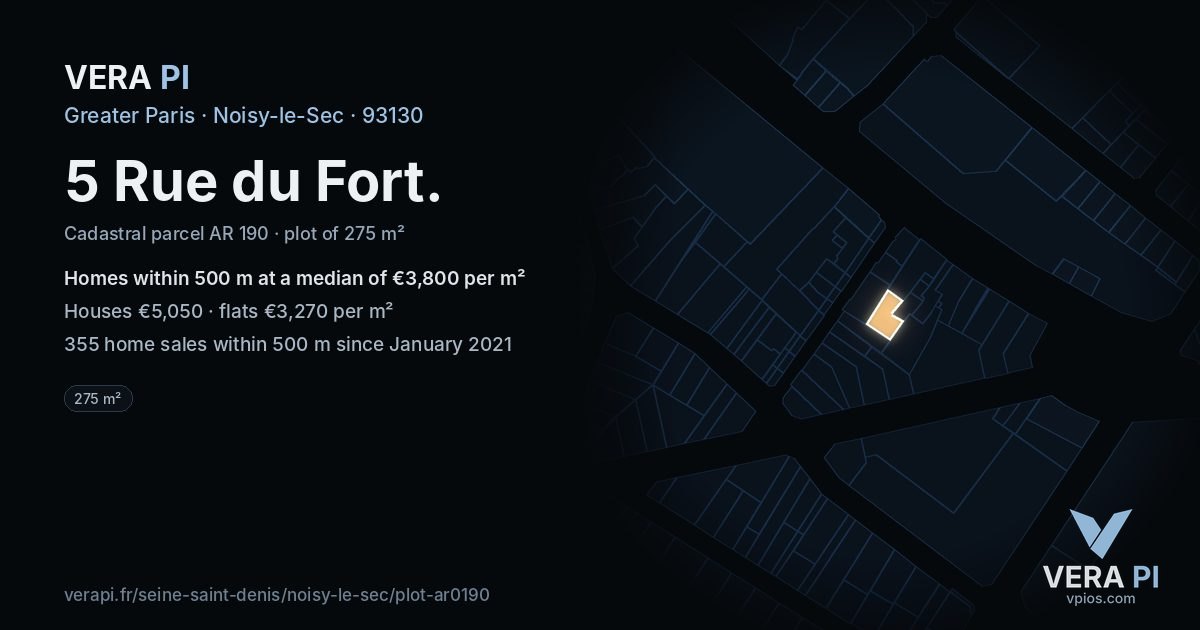 5 Rue du Fort, Noisy-le-Sec at night – the plot lit, the parcels around coloured by the prices near them
