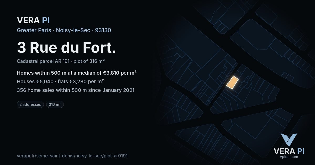 3 Rue du Fort, Noisy-le-Sec at night – the plot lit, the parcels around coloured by the prices near them