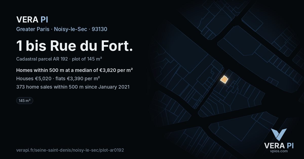 1 bis Rue du Fort, Noisy-le-Sec at night – the plot lit, the parcels around coloured by the prices near them