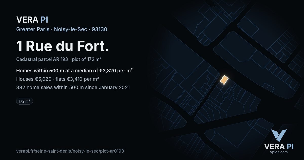 1 Rue du Fort, Noisy-le-Sec at night – the plot lit, the parcels around coloured by the prices near them