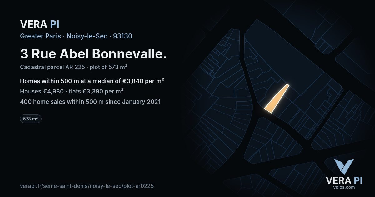3 Rue Abel Bonnevalle, Noisy-le-Sec at night – the plot lit, the parcels around coloured by the prices near them