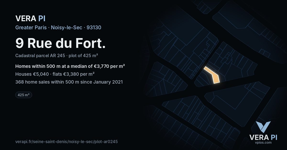 9 Rue du Fort, Noisy-le-Sec at night – the plot lit, the parcels around coloured by the prices near them