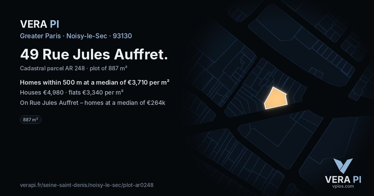 49 Rue Jules Auffret, Noisy-le-Sec at night – the plot lit, the parcels around coloured by the prices near them
