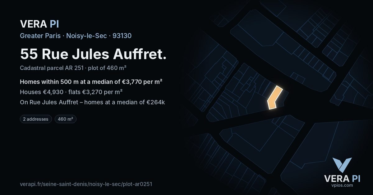 55 Rue Jules Auffret, Noisy-le-Sec at night – the plot lit, the parcels around coloured by the prices near them