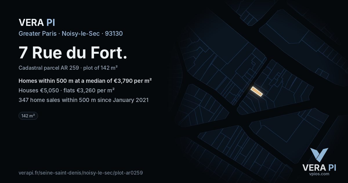 7 Rue du Fort, Noisy-le-Sec at night – the plot lit, the parcels around coloured by the prices near them