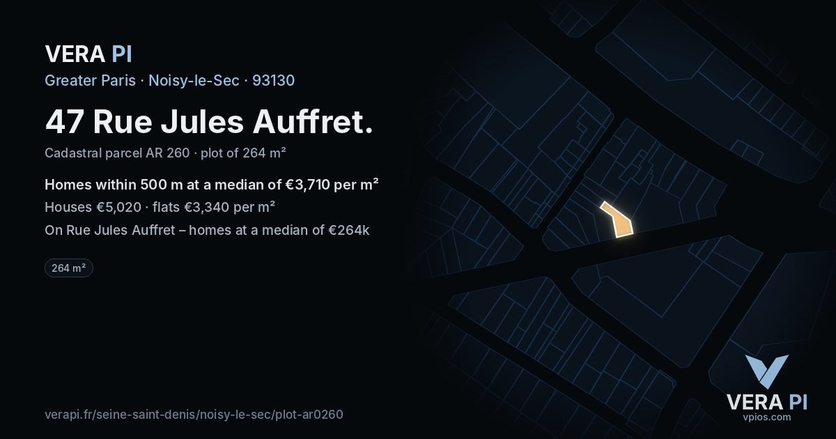 47 Rue Jules Auffret, Noisy-le-Sec at night – the plot lit, the parcels around coloured by the prices near them