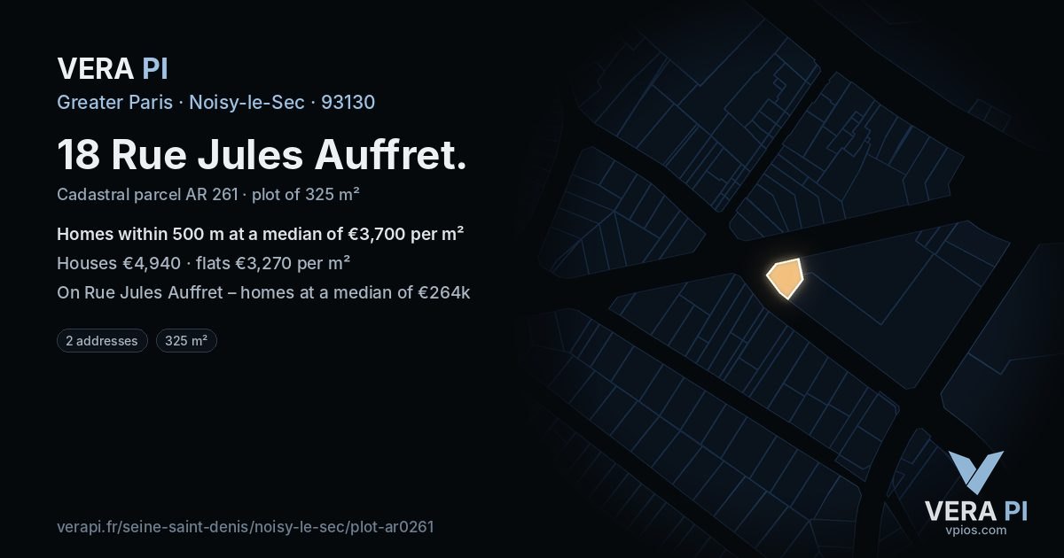 18 Rue Jules Auffret, Noisy-le-Sec at night – the plot lit, the parcels around coloured by the prices near them