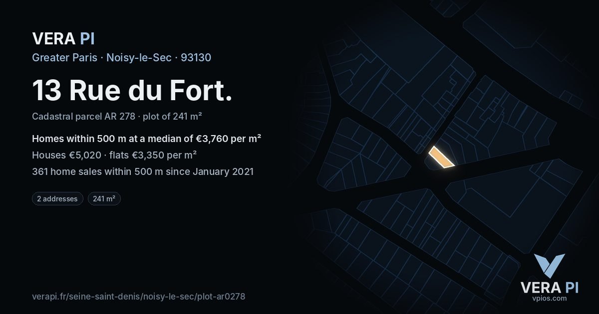 13 Rue du Fort, Noisy-le-Sec at night – the plot lit, the parcels around coloured by the prices near them