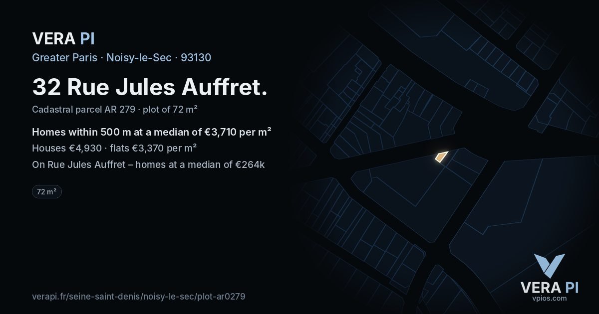 32 Rue Jules Auffret, Noisy-le-Sec at night – the plot lit, the parcels around coloured by the prices near them