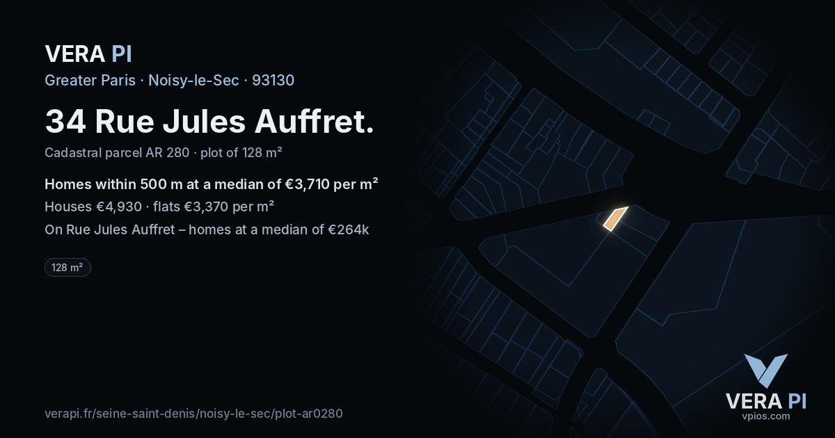 34 Rue Jules Auffret, Noisy-le-Sec at night – the plot lit, the parcels around coloured by the prices near them
