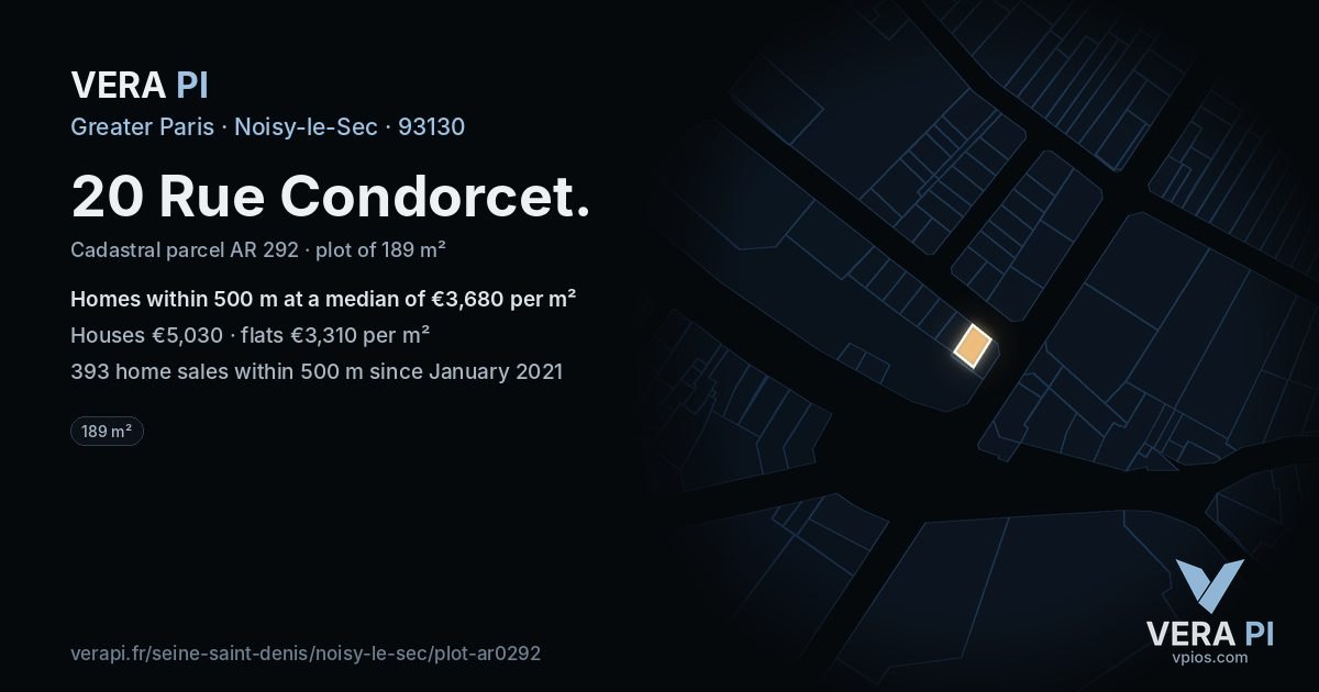 20 Rue Condorcet, Noisy-le-Sec at night – the plot lit, the parcels around coloured by the prices near them