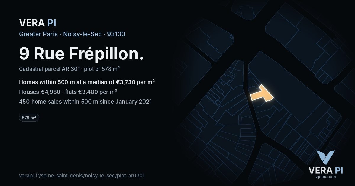 9 Rue Frépillon, Noisy-le-Sec at night – the plot lit, the parcels around coloured by the prices near them