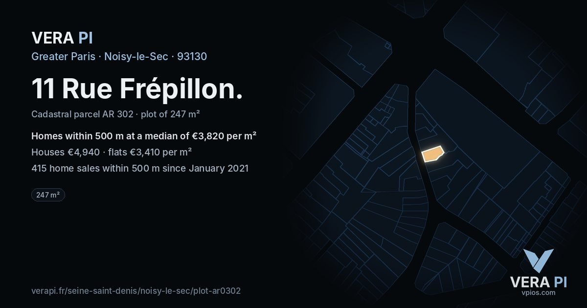 11 Rue Frépillon, Noisy-le-Sec at night – the plot lit, the parcels around coloured by the prices near them