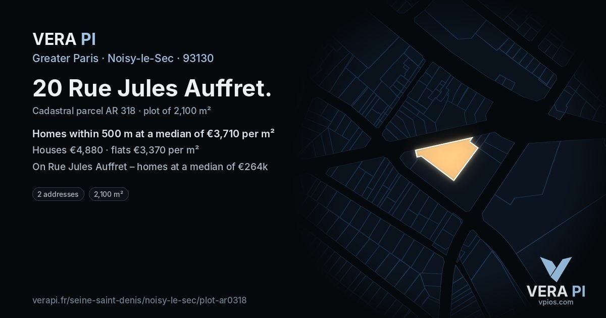 20 Rue Jules Auffret, Noisy-le-Sec at night – the plot lit, the parcels around coloured by the prices near them