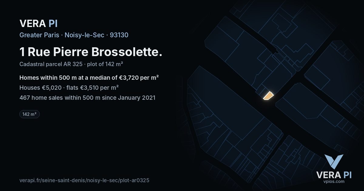 1 Rue Pierre Brossolette, Noisy-le-Sec at night – the plot lit, the parcels around coloured by the prices near them