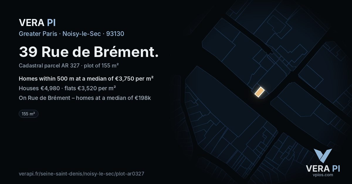 39 Rue de Brément, Noisy-le-Sec at night – the plot lit, the parcels around coloured by the prices near them