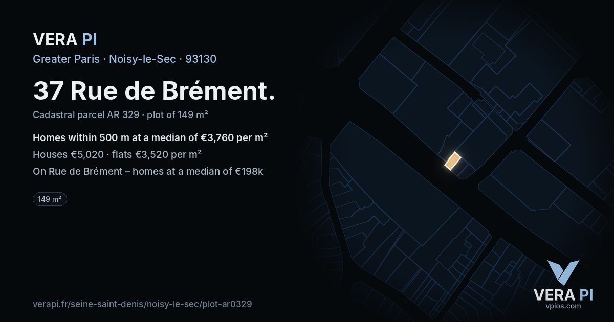 37 Rue de Brément, Noisy-le-Sec at night – the plot lit, the parcels around coloured by the prices near them