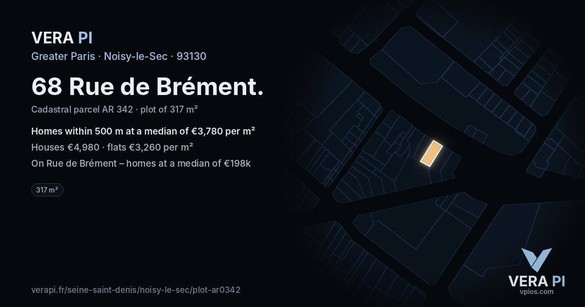 68 Rue de Brément, Noisy-le-Sec at night – the plot lit, the parcels around coloured by the prices near them