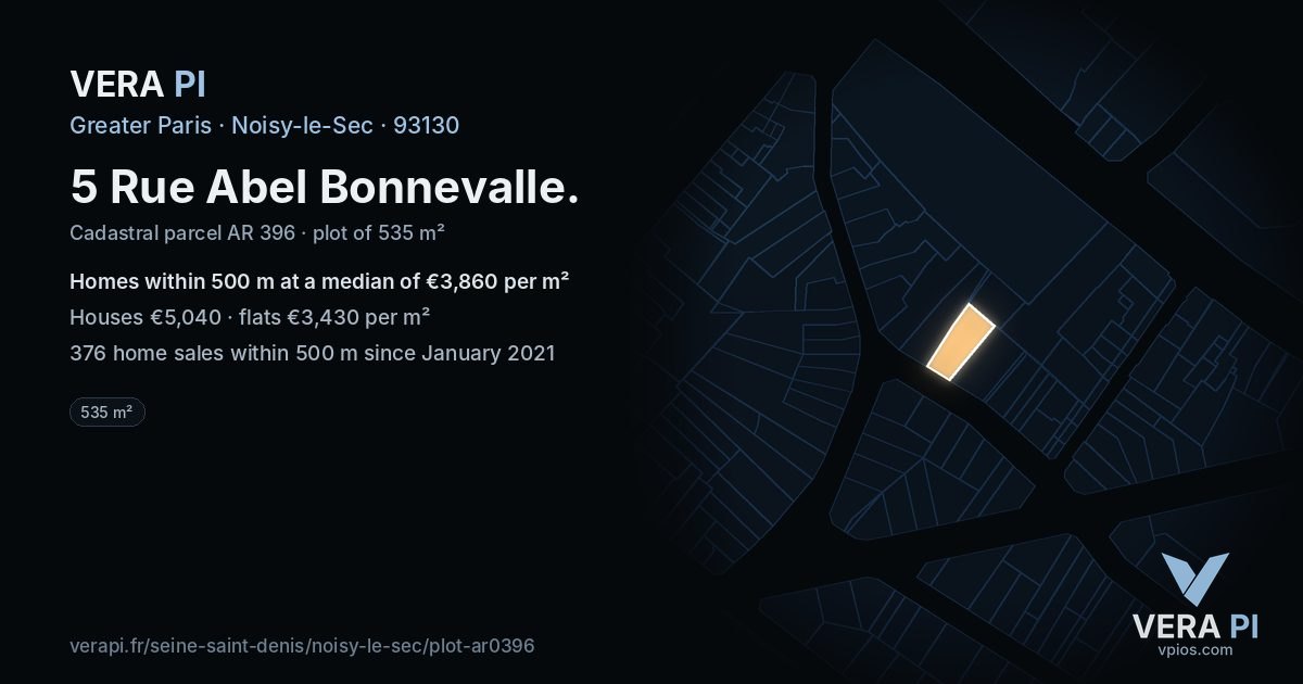 5 Rue Abel Bonnevalle, Noisy-le-Sec at night – the plot lit, the parcels around coloured by the prices near them