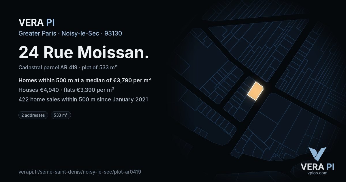 24 Rue Moissan, Noisy-le-Sec at night – the plot lit, the parcels around coloured by the prices near them