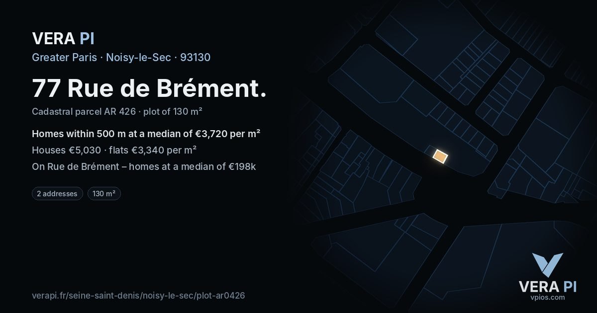 77 Rue de Brément, Noisy-le-Sec at night – the plot lit, the parcels around coloured by the prices near them