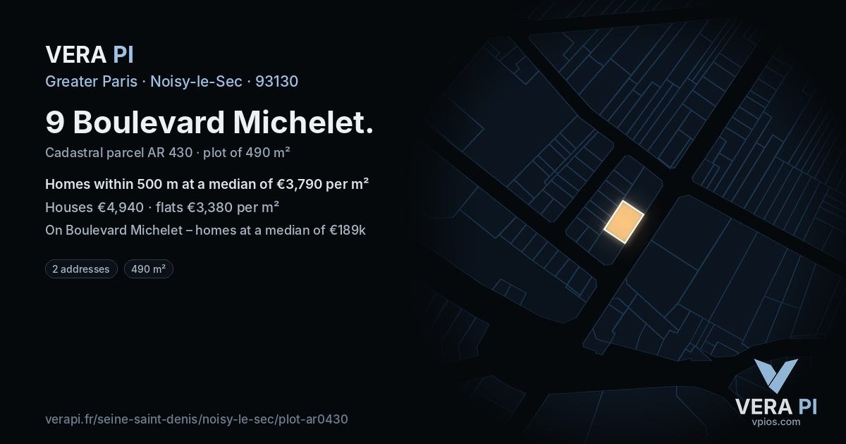 9 Boulevard Michelet, Noisy-le-Sec at night – the plot lit, the parcels around coloured by the prices near them