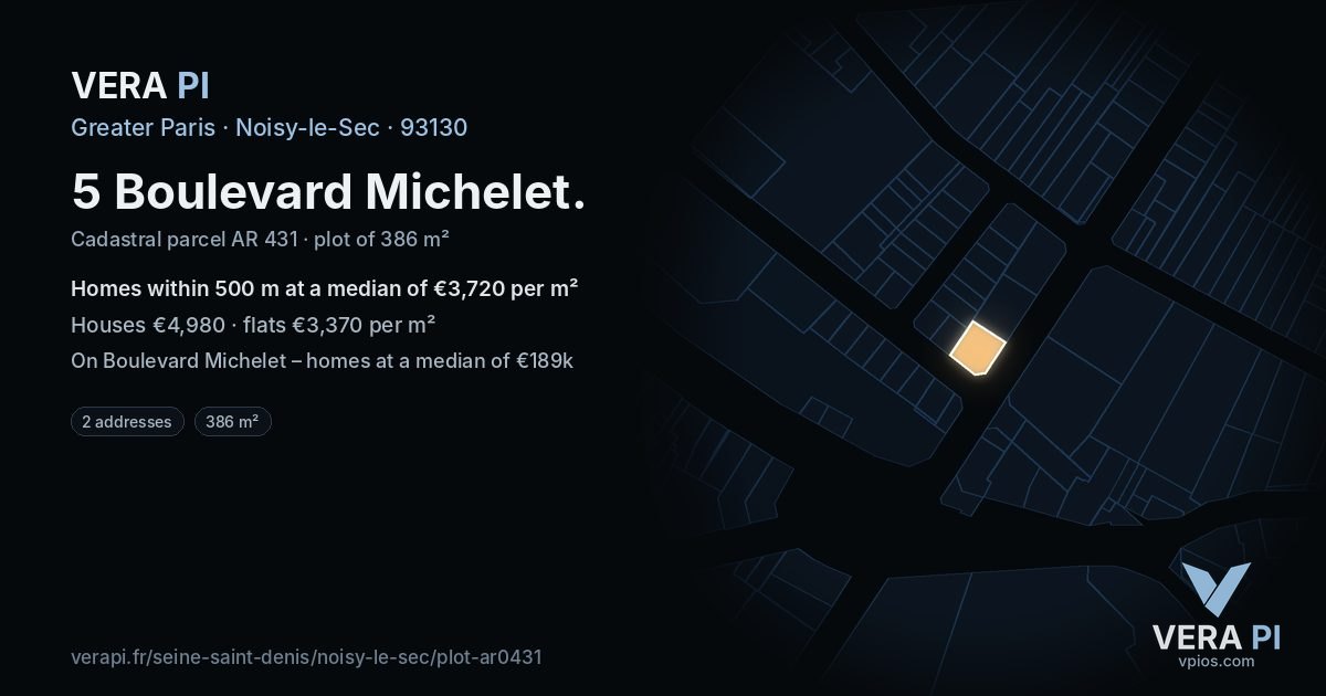 5 Boulevard Michelet, Noisy-le-Sec at night – the plot lit, the parcels around coloured by the prices near them