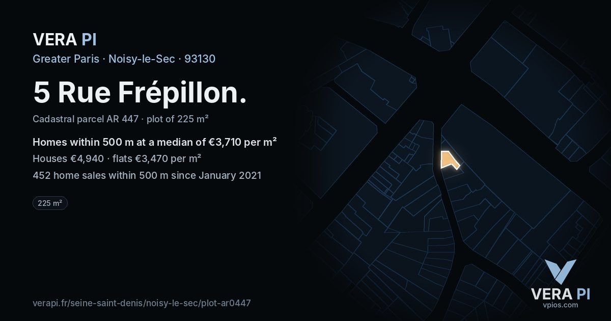 5 Rue Frépillon, Noisy-le-Sec at night – the plot lit, the parcels around coloured by the prices near them