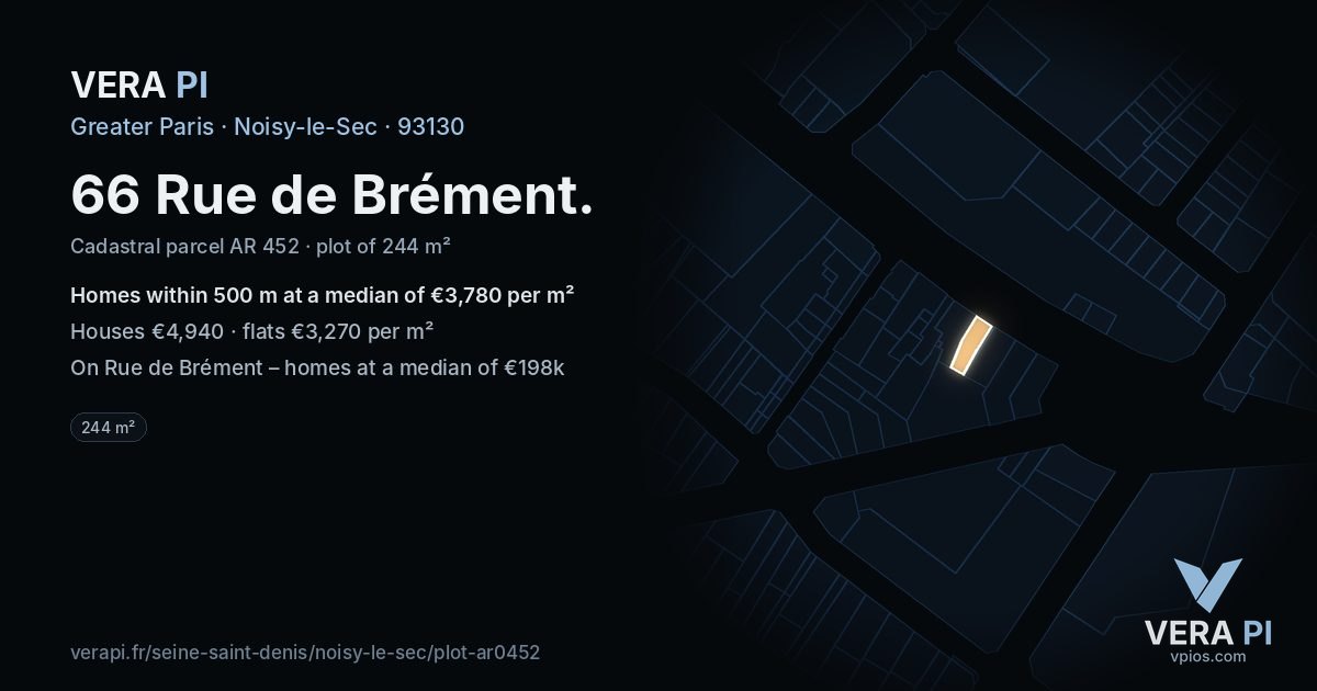 66 Rue de Brément, Noisy-le-Sec at night – the plot lit, the parcels around coloured by the prices near them