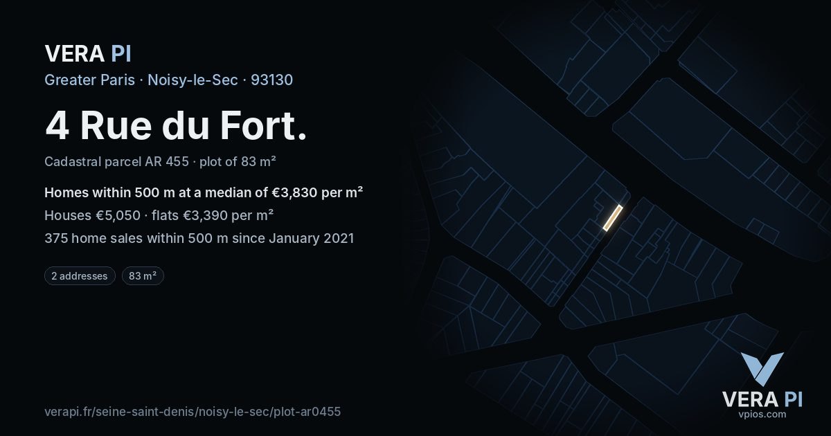 4 Rue du Fort, Noisy-le-Sec at night – the plot lit, the parcels around coloured by the prices near them