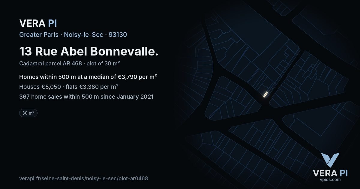 13 Rue Abel Bonnevalle, Noisy-le-Sec at night – the plot lit, the parcels around coloured by the prices near them