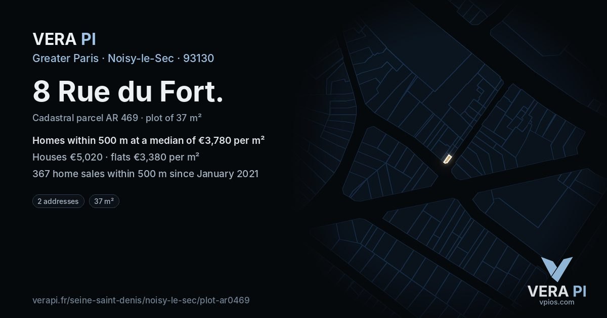 8 Rue du Fort, Noisy-le-Sec at night – the plot lit, the parcels around coloured by the prices near them