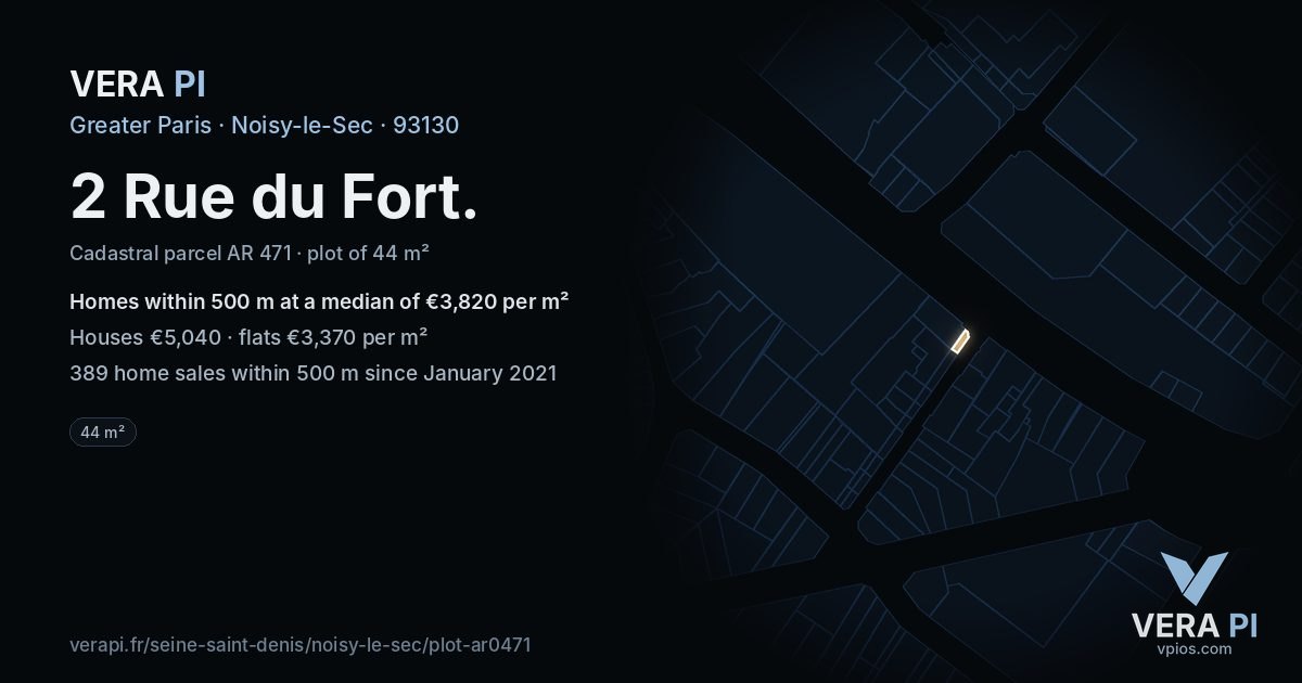 2 Rue du Fort, Noisy-le-Sec at night – the plot lit, the parcels around coloured by the prices near them
