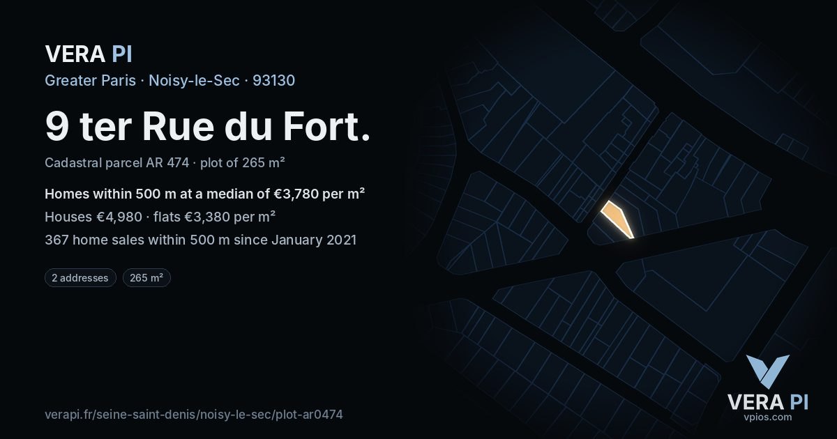 9 ter Rue du Fort, Noisy-le-Sec at night – the plot lit, the parcels around coloured by the prices near them