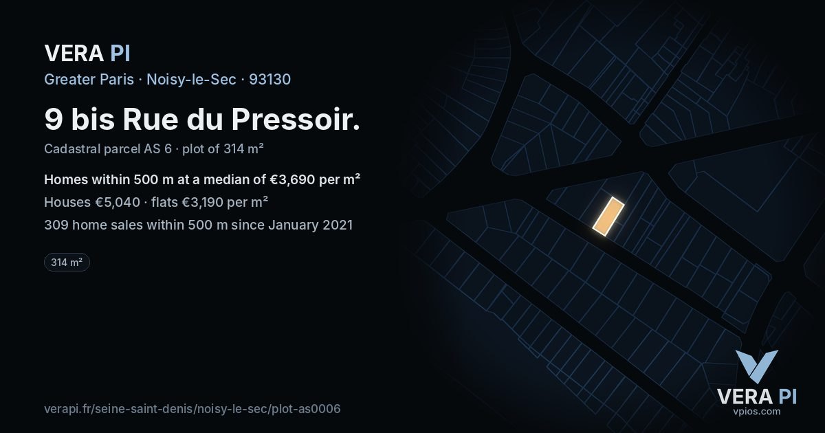 9 bis Rue du Pressoir, Noisy-le-Sec at night – the plot lit, the parcels around coloured by the prices near them