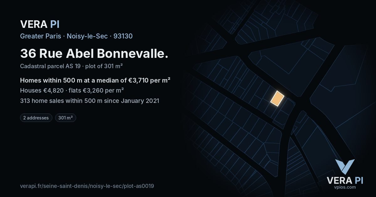 36 Rue Abel Bonnevalle, Noisy-le-Sec at night – the plot lit, the parcels around coloured by the prices near them