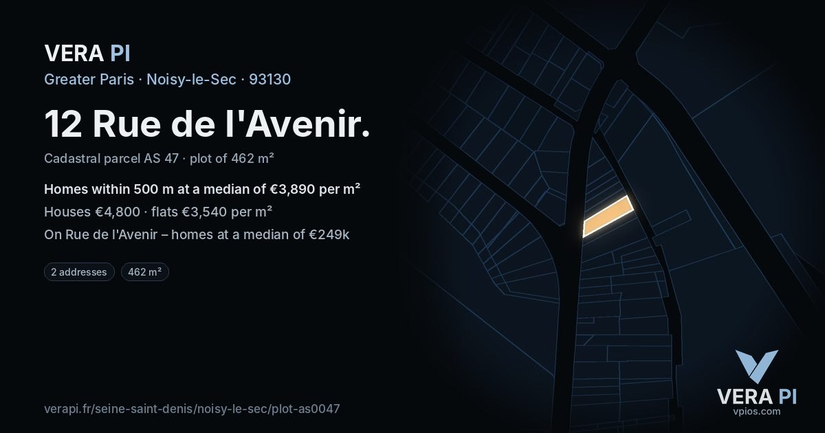 12 Rue de l'Avenir, Noisy-le-Sec at night – the plot lit, the parcels around coloured by the prices near them